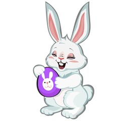 rabbit with egg, stylized cartoon gray rabbit sitting holding an egg