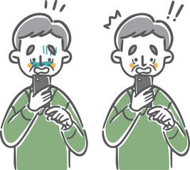 スマホを見て驚くシニア男性　上半身　ベクター