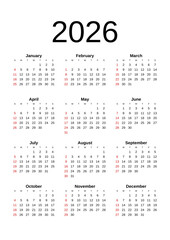 2026 Calendar year vector illustration. The week starts on Sunday. Annual calendar 2026 template. Calendar design in black and white colors, Sunday in red colors. Vector, made with Inkscape	
