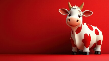 Happy cartoon cow, red background, farm animal, greeting card