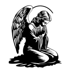 Kneeling angel with praying hands and folded wings, representing peace and devotion in a solemn moment of reflection