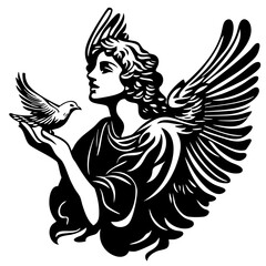 Elegant black vector design of a figure with wings holding a dove in a serene pose, symbolizing peace and harmony in a timeless style