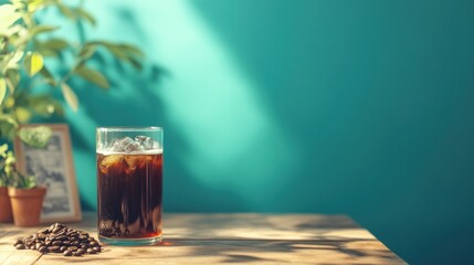 Refreshing Iced Coffee with Ice Cubes and Coffee Beans on Wooden Table in Bright Indoor Setting