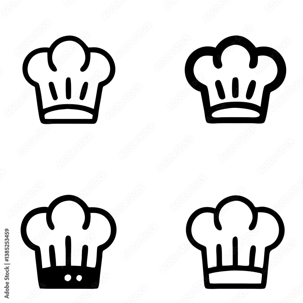 Poster a collection of charming chef hat illustrations in various styles, showcasing simple line art with b