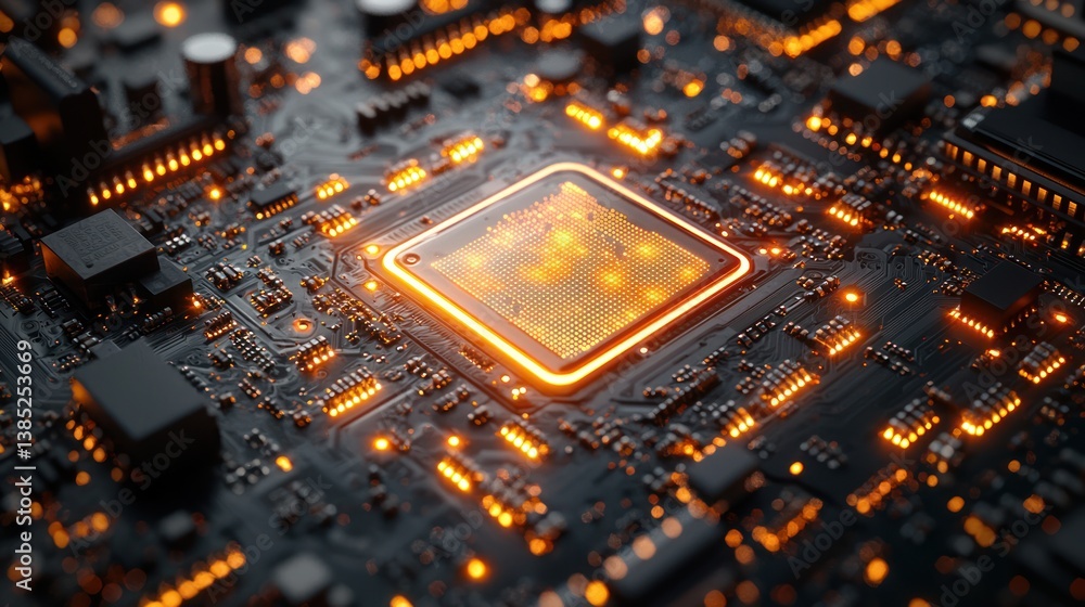 Poster circuit board with glowing processor, electronic components, close up