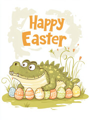 Obraz premium A delightful little crocodile is lying on the ground. In front of it are rows of bird eggs with letters that form “Happy Easter”. 