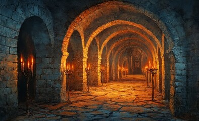 Dark Gothic Dungeon with Stone Arches and Flickering Candlelight