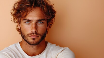 Obraz premium Man with curly hair, studio portrait, peach background, confident expression, model headshot