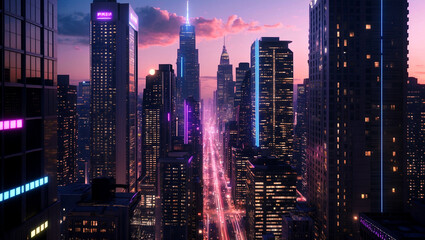 Futuristic cityscape illuminated by neon lights