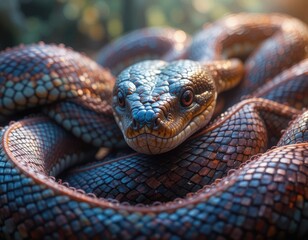 Fototapeta premium Coiled Snake Close-up Shows Intricate Scale Pattern and Intense Gaze