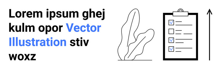 Clipboard with checklist, upward arrow indicating growth, abstract plant, placeholder text. Ideal for productivity, development, business goals, planning, efficiency organization simple landing