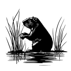 Black vector illustration of a beaver standing near tall grass, showcasing its natural behavior in a wetland environment during daylight