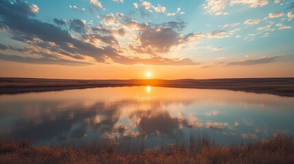 Obraz premium Stunning sunset reflected in a calm lake.