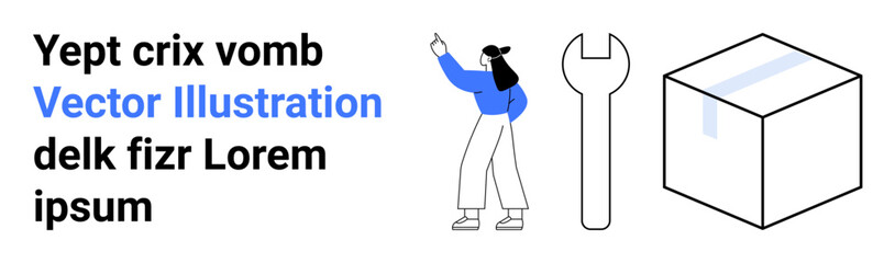 Woman in blue attire holding up hand, oversized wrench and cube nearby. Ideal for problem-solving, teamwork, construction, repair, creativity, collaboration, simple landing page