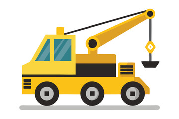 Naklejka premium Cartoon Yellow Crane Truck Flat Design with Turquoise Window on White Background