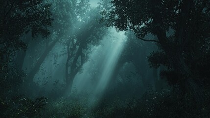 Obraz premium Sunbeams pierce through a misty, dark forest.