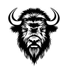 Stylized black vector illustration of a buffalo head showcasing detailed features and powerful expression in a bold design © Mateusz