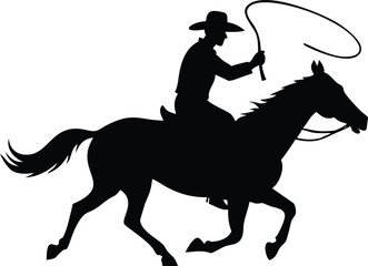 Cowboy Riding Horse Lasso Silhouette on Transparent Background, Western Theme