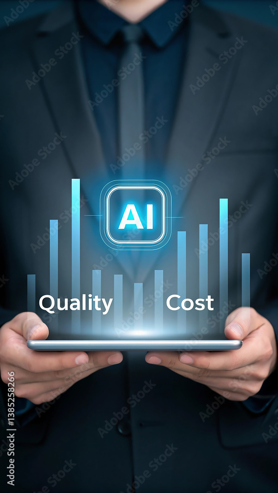Poster ai technology impact on quality and cost. analyzing ai benefits with data visualization. digital ill