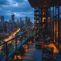 A high-rise apartment balcony overlooking a cityscape, with lights twinkling and the hustle and bustle of the streets below