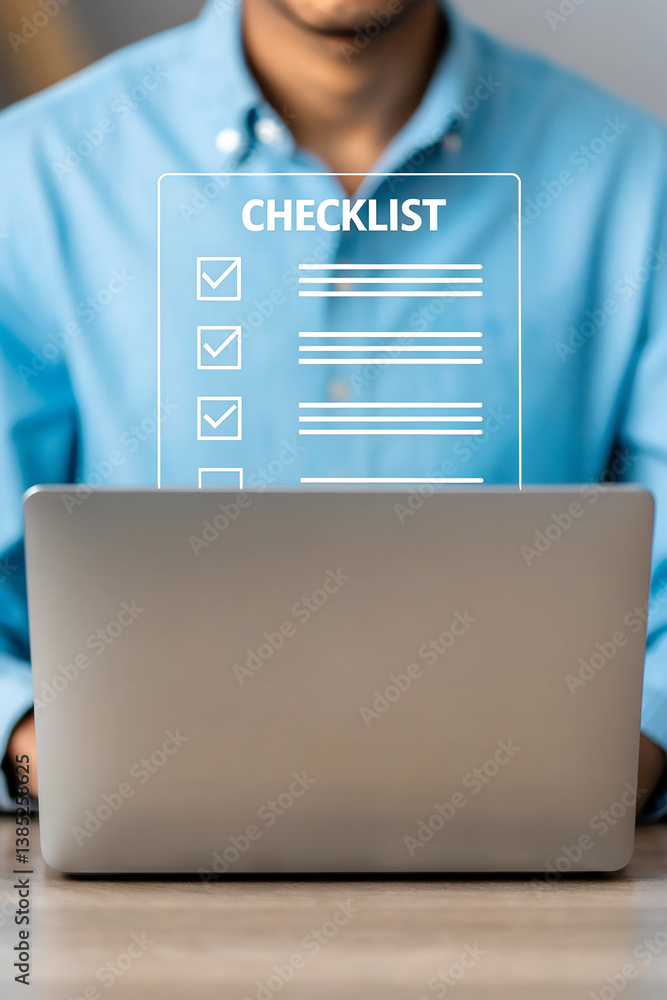 Aufkleber person using laptop with checklist for productivity. close-up of professional working on laptop with