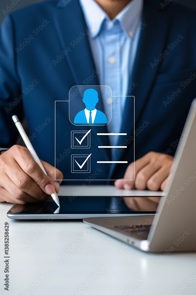 Poster professional businessperson using a tablet and laptop in a modern office. digital illustration of a 