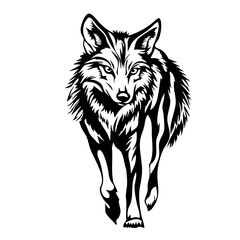 Stylized black vector design of a wolf walking, showcasing intricate fur details and a fierce expression, perfect for various artistic and branding purposes