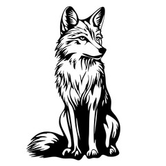 Stylized black vector representation of a sitting fox showcasing detailed fur and facial features ideal for various design applications