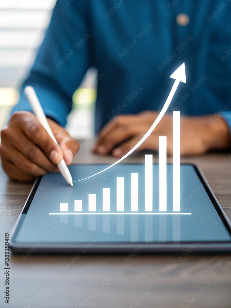 Poster professional hand using stylus on digital tablet with growth graph. close-up of person analyzing dat