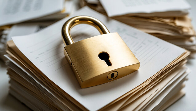 Golden lock on important pile of papers