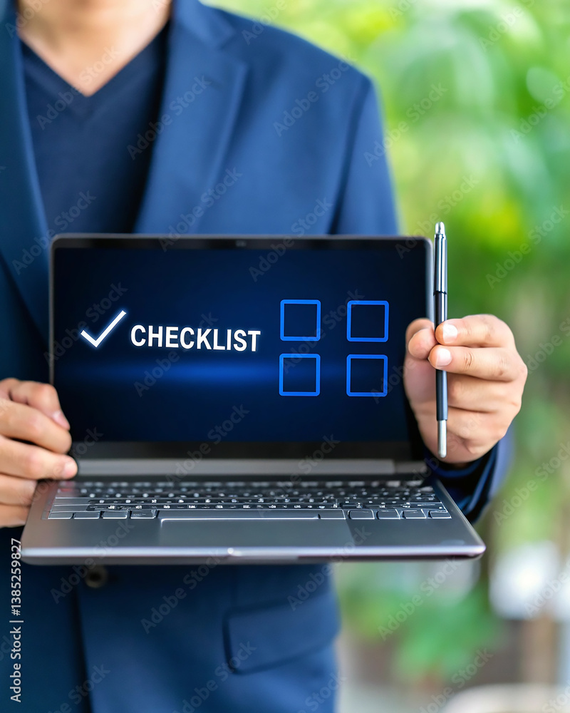 Poster professional using stylus with laptop checklist. person in suit checking digital tasks on laptop. cl