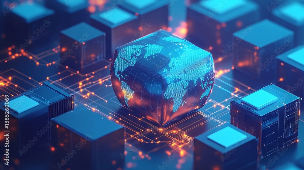 Poster planet earth data concept: 3d render on motherboard in the digital world