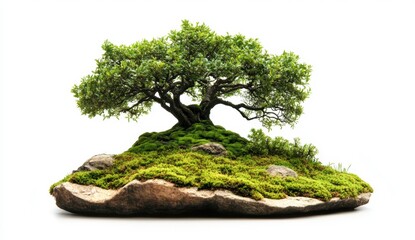 Serene Bonsai Tree on Rock with Lush Green Moss and Stones