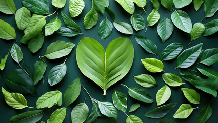 Fototapeta premium Heart shaped leaf among diverse green foliage