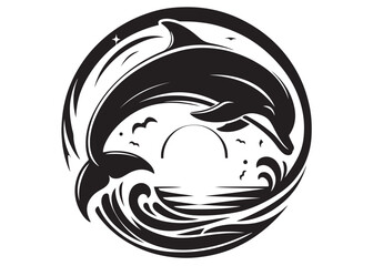 dolphin logo design vector silhouette illustration, dolphin logo icon silhouette, black silhouette of a dolphin jumping, a silhouette black and white dolphin on white background