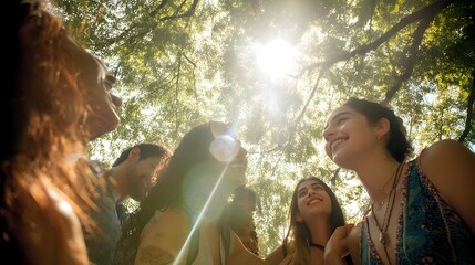 A group of friends in their thirties gather together in a peaceful tree lined urban square laughing and enjoying the warm sunlight filtering through the leaves overhead