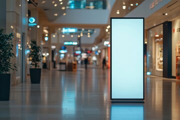 roll up mockup poster stand in an shopping center or mall environment as wide banner design with blank empty copy space area, Generative AI
