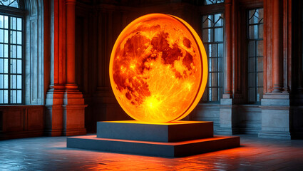 Illuminated orange circle displayed on elegant pedestal