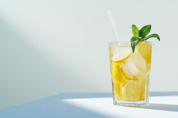 A glass of chilled iced tea with lemon slices. Featuring refreshment and citrus