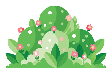 Floral Garden with Lush Greenery and Pink Flowers on White Background