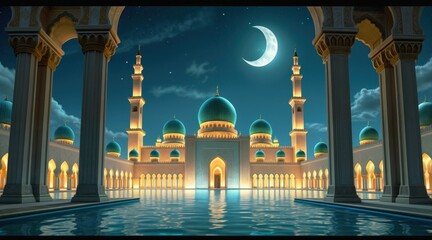 Majestic mosque with intricate teal domes glowing under warm golden light at night, detailed architecture reflected in calm tranquil water below a crescent moon and starry sky.