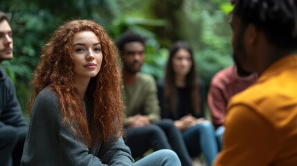 Woman listens attentively in outdoor group therapy session.  Use Mental health, support group