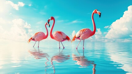 Obraz premium Three flamingos wading in calm, shallow water, reflecting their pink plumage under a vibrant blue sky.