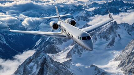 Fototapeta premium Private Jet Soaring Above Snowy Mountains