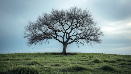 Lone tree in a grassy field under overcast sky