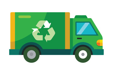 Green Recycling Truck Vehicle with Recycle Logo Isolated on White Background, Flat Design