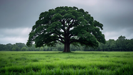 Obraz premium Lush green field under overcast sky with large tree