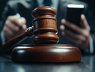 A judgeʼs wooden gavel rests on a black table. Generative AI