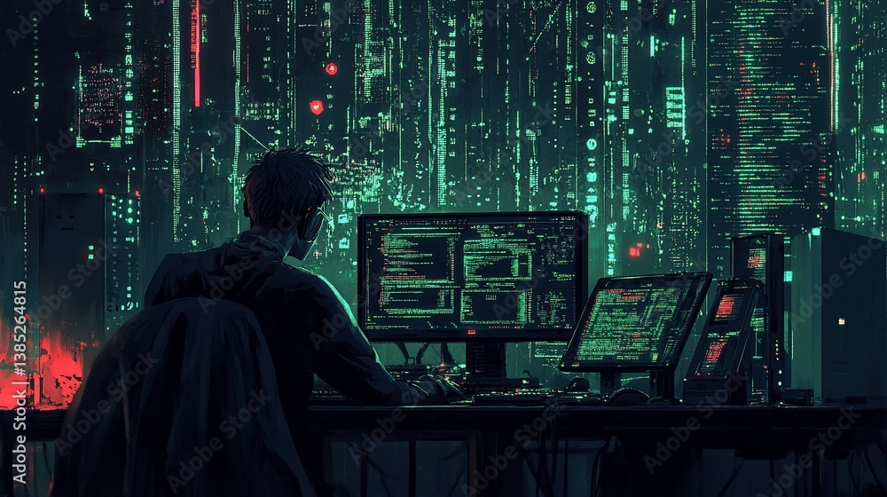 Poster cyberpunk developer: a lone programmer immersed in a futuristic cityscape