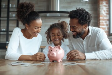 A joyful family gathers around a pink piggy bank. Generative AI